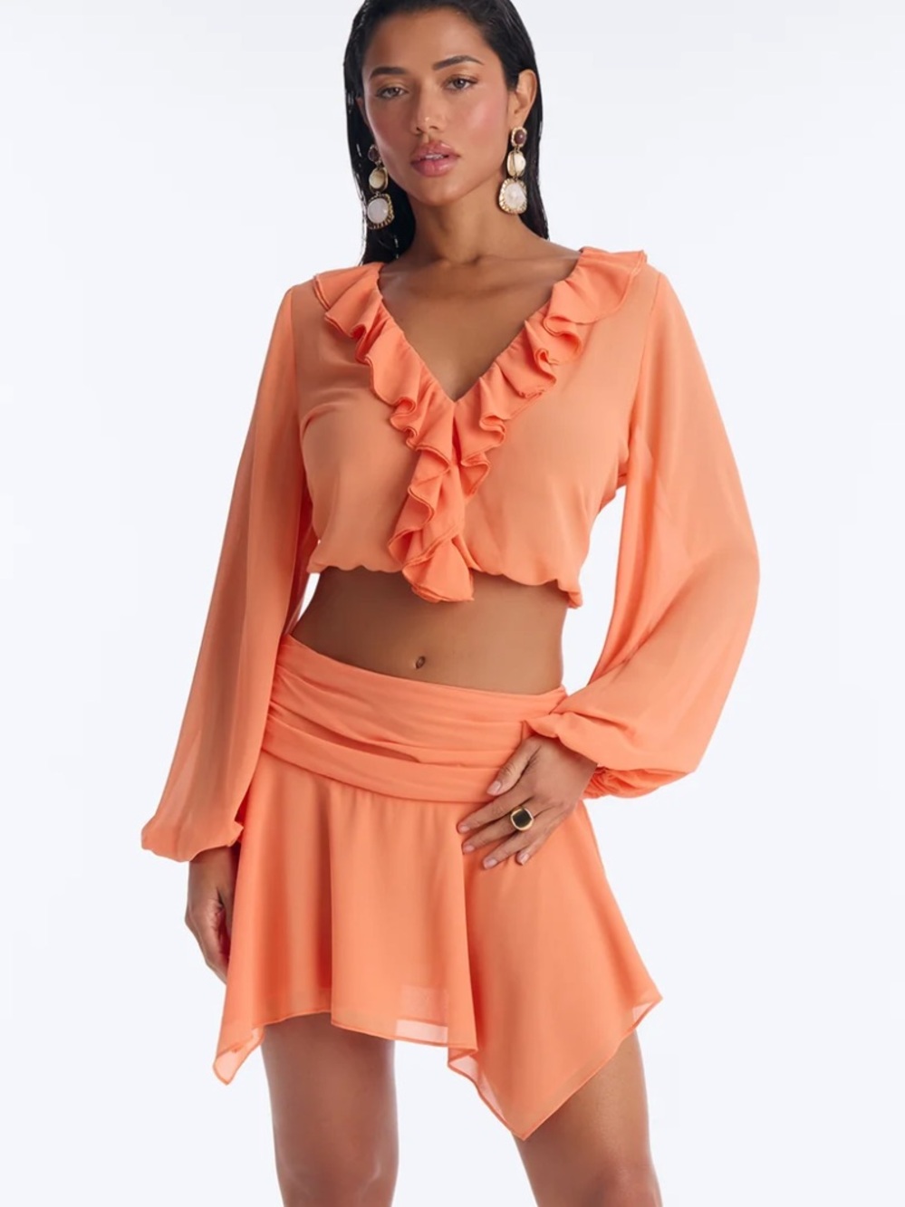 Fashion Nova Sunset Kisses Chiffon Mini Skirt Set Ruffled Crop Top XS NWT